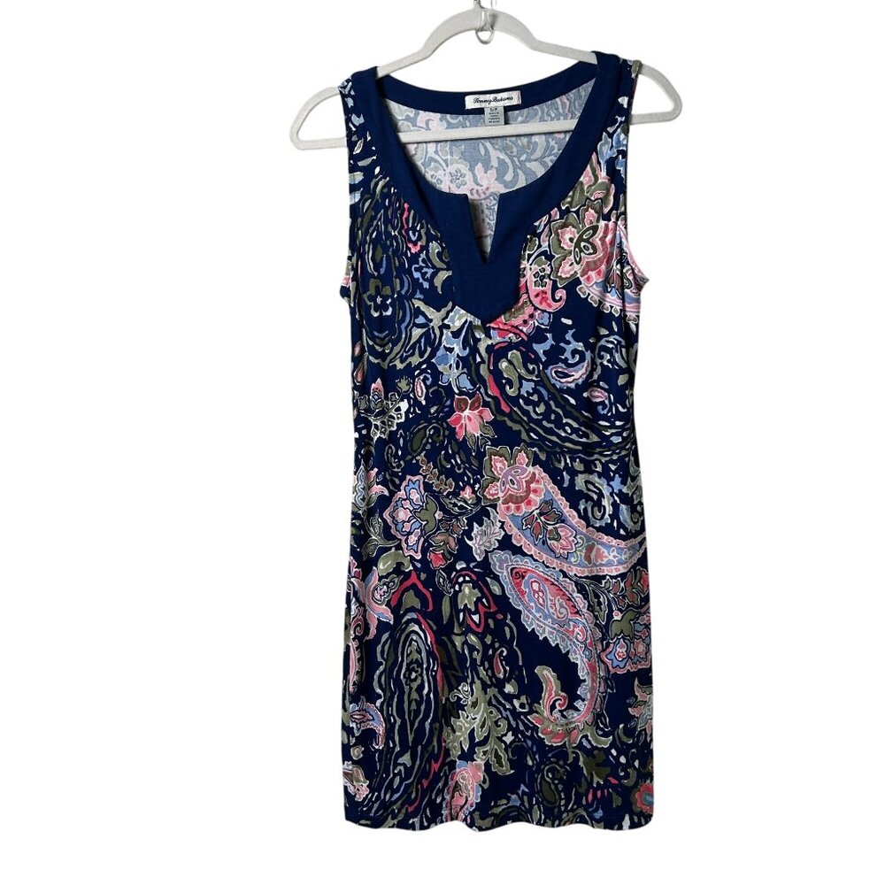 Tommy Bahama Dress Size S Blue Promenade Paisley Split Neck Sleeveless Stretch